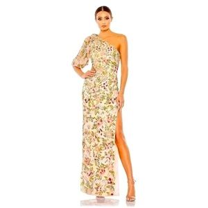 Mac Duggal Dusty Pink Floral One Shoulder Sequined Cutout Evening Gown Dress 2